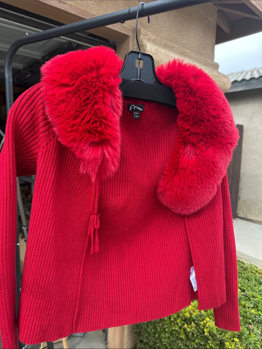 Art class Red Ribbed Sweater with Faux Fur Collar - Women